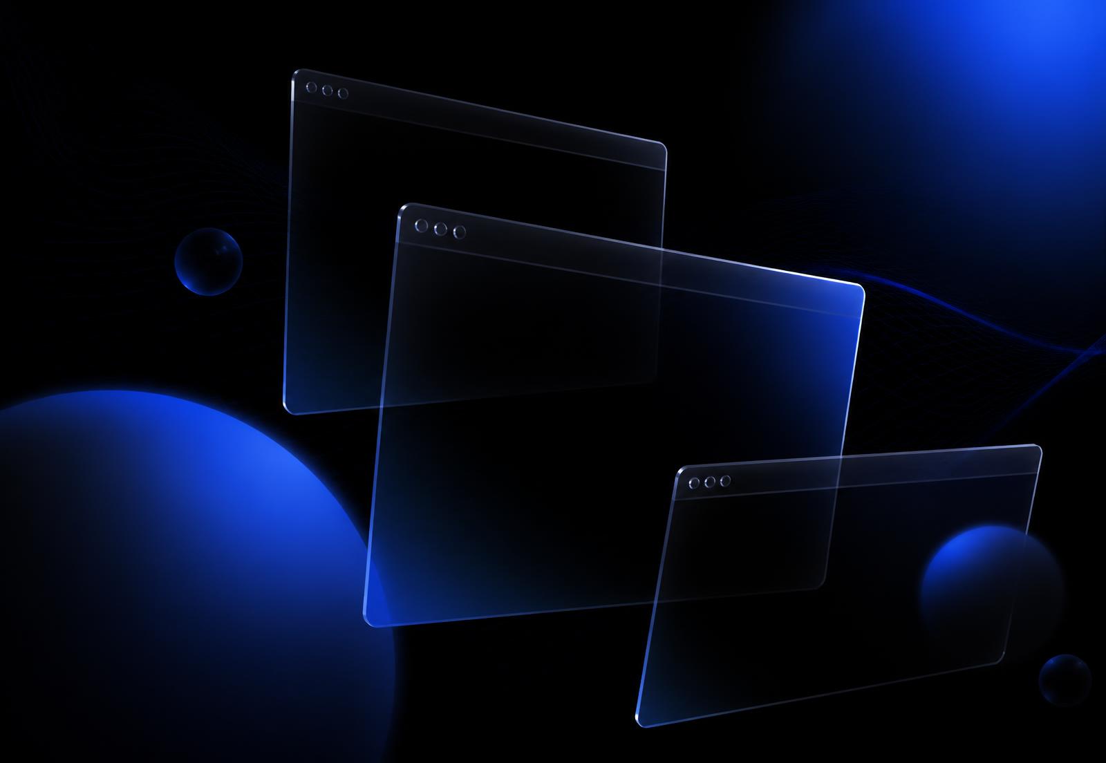 Abstract dark interface visual with floating browser windows